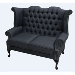 Chesterfield 2 Seater High Back Wing Sofa Charles Charcoal Grey Linen Fabric In Queen Anne Style - thumbnail 2