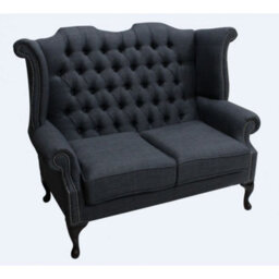 Chesterfield 2 Seater High Back Wing Sofa Charles Charcoal Grey Linen Fabric In Queen Anne Style - thumbnail 3