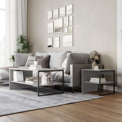 Urbn-Living Urbnliving 100Cm Width Grey Steel Frame Wooden Coffee Table & 2 X 40Cm Sofa Side End Open Storage Unit - image 1