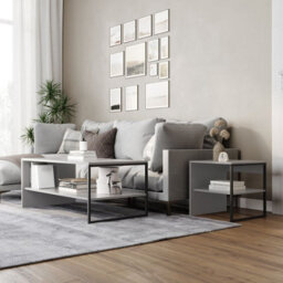 Urbn-Living Urbnliving 100Cm Width Grey Steel Frame Wooden Coffee Table & 2 X 40Cm Sofa Side End Open Storage Unit