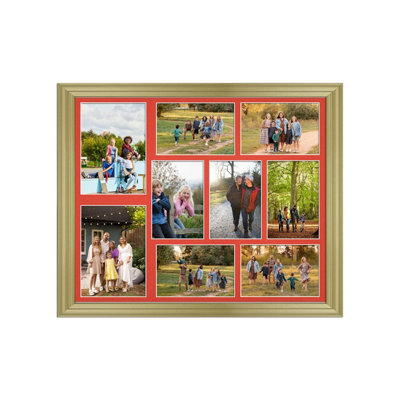 AK Frames 20X16 Gold Classic Multi Photo Frame With Poppy Red Mount - Holds 9 Apertures (2X) 7X5, (7X) 6X4 Photos - image 1
