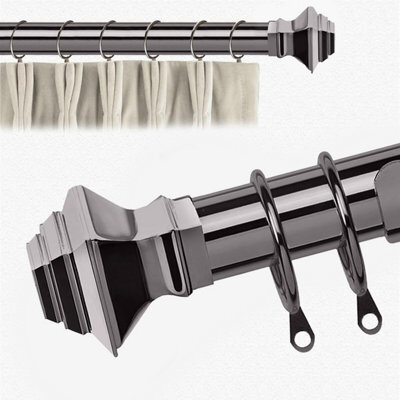 Bedlooms Metal Curtain Pole 28mm- Lamp Square Finials Strong Extendable Durable Rod Black Nickel 120-210Cm, 48''- 84''
