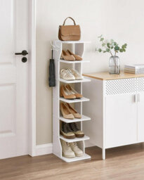 Songmics Vasagle 7 Tier Vertical Shoe Rack, Narrow Shoe Storage Organizer With Hooks, Slim Wooden Corner Shoe Tower Rack, White