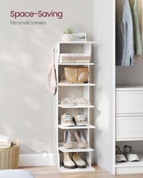 Songmics Vasagle 7 Tier Vertical Shoe Rack, Narrow Shoe Storage Organizer With Hooks, Slim Wooden Corner Shoe Tower Rack, White - thumbnail 3
