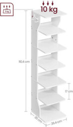Songmics Vasagle 7 Tier Vertical Shoe Rack, Narrow Shoe Storage Organizer With Hooks, Slim Wooden Corner Shoe Tower Rack, White - thumbnail 2