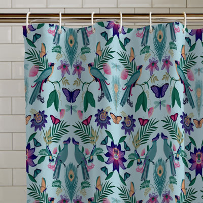 Catherine Lansfield Mya Tropical Bird 180X180Cm Shower Curtain Duck Egg Blue - image 1