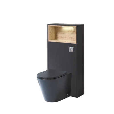 Homestylestore 600mm Black Grey Floorstanding Bathroom Wc Unit Led Lit Shelf Graphite Toilet And Chrome Flush Button - image 1