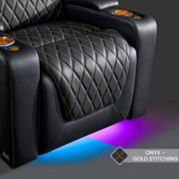 Valencia Oslo Ultimate Luxury Edition Home Theater Seating Row Of 5 Loveseat Right Onyx Gold Stitching - thumbnail 5