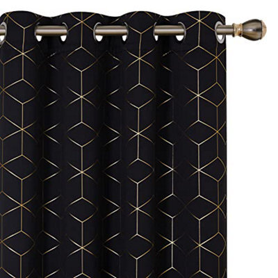 Deconovo Functional Eyelet Curtains, Blackout Gold Diamond Printed Curtains For Bedroom, 55 X 72 Inch(W X L), Black, One Pair - image 1
