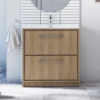Royal Bathrooms Livora 800mm Natural Oak Floor Standing Bathroom Vanity Unit 2 Drawer Storage Cabinet With Ceramic Basin - image 1
