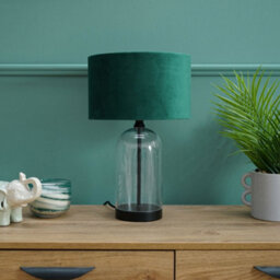 Valuelights Jessy Glass And Black Metal Bedside Table Lamp With A Forest Green Velvet Lampshade - Bulb Included