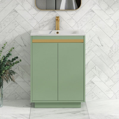 Royal Bathrooms Orion 600mm Mint Sage 2 Door Floor Standing Vanity Unit With Carrara White Basin & Brushed Brass Accent Trim - image 1