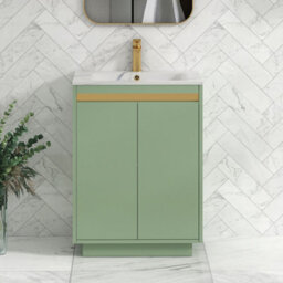 Royal Bathrooms Orion 600mm Mint Sage 2 Door Floor Standing Vanity Unit With Carrara White Basin & Brushed Brass Accent Trim - thumbnail 1