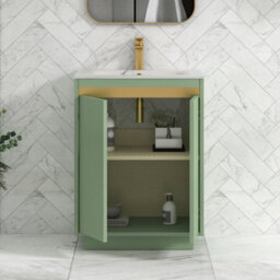 Royal Bathrooms Orion 600mm Mint Sage 2 Door Floor Standing Vanity Unit With Carrara White Basin & Brushed Brass Accent Trim - thumbnail 4