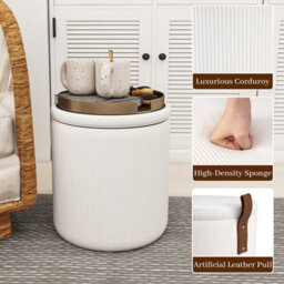 Gainoom Set Of 2 Beige Round Ottoman Nesting Upholstered Vanity Stools With Removable Lids & Padded Seats - thumbnail 6