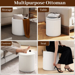 Gainoom Set Of 2 Beige Round Ottoman Nesting Upholstered Vanity Stools With Removable Lids & Padded Seats - thumbnail 7