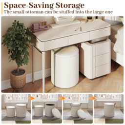 Gainoom Set Of 2 Beige Round Ottoman Nesting Upholstered Vanity Stools With Removable Lids & Padded Seats - thumbnail 8