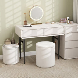 Gainoom Set Of 2 Beige Round Ottoman Nesting Upholstered Vanity Stools With Removable Lids & Padded Seats - thumbnail 3