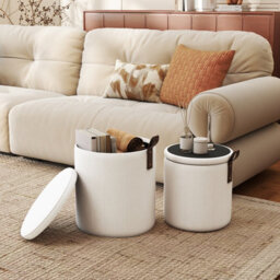 Gainoom Set Of 2 Beige Round Ottoman Nesting Upholstered Vanity Stools With Removable Lids & Padded Seats - thumbnail 5