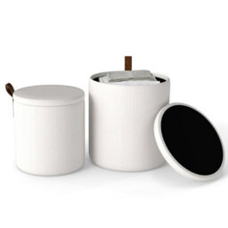 Gainoom Set Of 2 Beige Round Ottoman Nesting Upholstered Vanity Stools With Removable Lids & Padded Seats - thumbnail 1