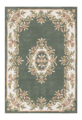 Green Traditional Rug, Bordered Floral Rug, Handmade Wool Rug With 20mm Thick, Green Rug For Dining Room-120Cm X 180Cm