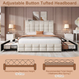 4Ft6 Double Upholstered Bed With 4 Storage Drawers, Velvet Bed Frame With Charging Station, Beige (No Mattress) - thumbnail 4