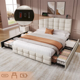 4Ft6 Double Upholstered Bed With 4 Storage Drawers, Velvet Bed Frame With Charging Station, Beige (No Mattress) - thumbnail 1