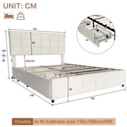 4Ft6 Double Upholstered Bed With 4 Storage Drawers, Velvet Bed Frame With Charging Station, Beige (No Mattress) - thumbnail 2