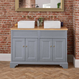 Homestylestore Light Grey And Oak 1210mm Bathroom Vanity Unit With 2 Square Countertop Basins And Aged Gold Round Handles