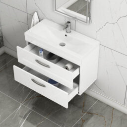 Royal Bathrooms Turin Gloss White 800mm Wall Hung Vanity Unit 2 Drawer With Mid-Edge Basin Sink - thumbnail 5