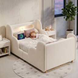 Btm Upholstered Kids Bed 3Ft Single With Led Headboard And Wooden Legs, Bouclé Beige, 90 X 190Cm - thumbnail 3