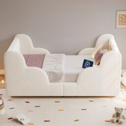 Btm Upholstered Kids Bed 3Ft Single With Led Headboard And Wooden Legs, Bouclé Beige, 90 X 190Cm - thumbnail 5
