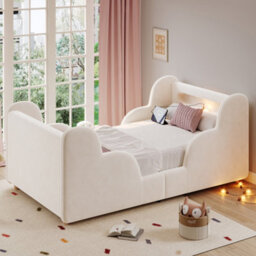 Btm Upholstered Kids Bed 3Ft Single With Led Headboard And Wooden Legs, Bouclé Beige, 90 X 190Cm - thumbnail 4