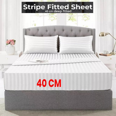 Ameha Stripe Fitted Sheet 40 Cm Deep Pocket- Hypoallergenic Easy Care White Bed Sheets Uk King Bedsheet(152X200Cm) - image 1
