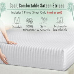 Ameha Stripe Fitted Sheet 40 Cm Deep Pocket- Hypoallergenic Easy Care White Bed Sheets Uk King Bedsheet(152X200Cm) - thumbnail 3