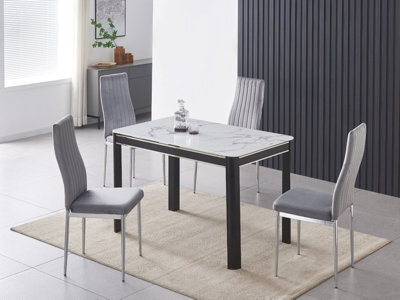 Furnizone UK Milano 4-Seater White Marble-Effect Glass Dining Table And 4 Monza Grey Velvet Chairs - image 1