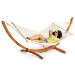 Vonhaus Hammock With Stand, Freestanding 1 Person Hammock With Natural Larch Wood Stand For Garden, Patio & Outdoors, White/brown - thumbnail 1