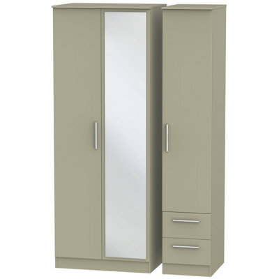 Trent Tall Triple Mirror Side Drawer Wardrobe In Mushroom Gloss & Mushroom Matt (Ready Assembled)