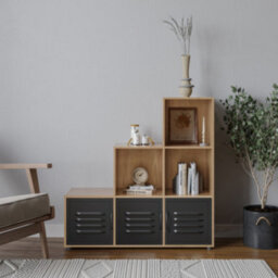 Urbn-Living Urbnliving 91Cm Height 6 Cube Step Oak Storage Bookcase Shelf Unit Metal Black Door - thumbnail 1