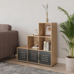 Urbn-Living Urbnliving 91Cm Height 6 Cube Step Oak Storage Bookcase Shelf Unit Metal Black Door - thumbnail 3
