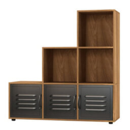 Urbn-Living Urbnliving 91Cm Height 6 Cube Step Oak Storage Bookcase Shelf Unit Metal Black Door - thumbnail 2