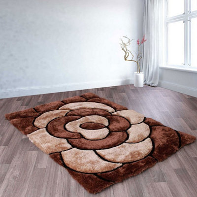 Rose Chocolate Shaggy Floral Modern Easy To Clean Rug For Dining Room Bed Room And Living Room-60Cm X 110Cm - image 1