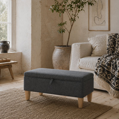Wyld Haus Cose Linen Dark Grey Storage Ottoman With Padded Seat And Natural Wooden Legs, L71 X D37 X H36Cm - image 1