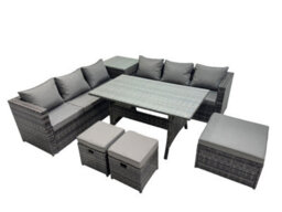 Fimous 9 Seater Outdoor Corner Sofa Dining Table Set Garden Rattan Furniture Set With Side Table 3 Stools Dark Grey - thumbnail 2