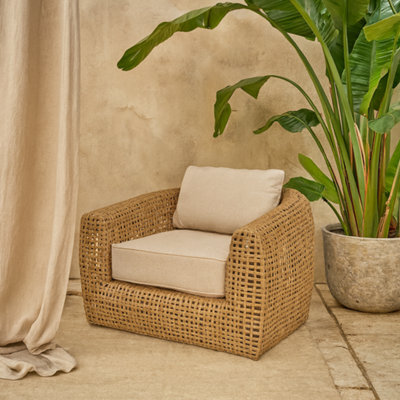Wyld Haus Sardinia Large Rattan Outdoor Lounge Chair Natural Wicker With Cream Cushions - image 1