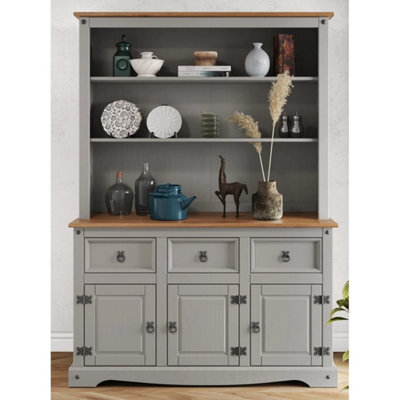 Large Grey Waxed Solid Pine 3 Door Sideboard Rustic Wooden Display Dresser - image 1
