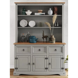 Large Grey Waxed Solid Pine 3 Door Sideboard Rustic Wooden Display Dresser