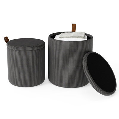 Gainoom Set Of 2 Grey Round Ottoman Nesting Upholstered Vanity Stools With Removable Lids & Padded Seats - image 1