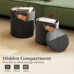 Gainoom Set Of 2 Grey Round Ottoman Nesting Upholstered Vanity Stools With Removable Lids & Padded Seats - thumbnail 9