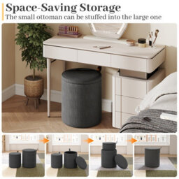 Gainoom Set Of 2 Grey Round Ottoman Nesting Upholstered Vanity Stools With Removable Lids & Padded Seats - thumbnail 8